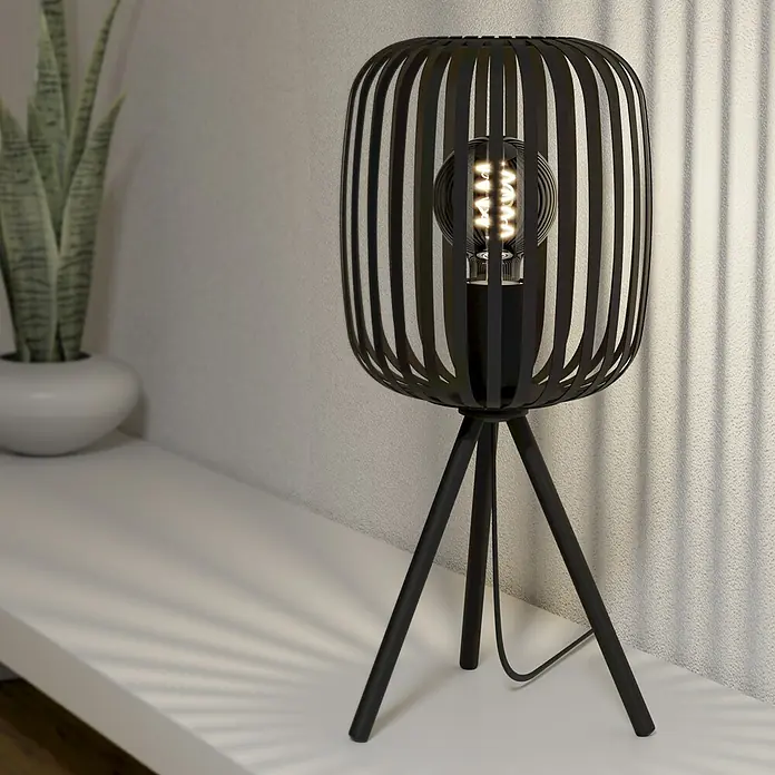 Eglo Romazzina Tischleuchte - 40 W, Schwarz, E27 - Diese Nahaufnahme zeigt eine moderne schwarze Tischleuchte mit einem einzigartigen Design, das jedem Raum einen Hauch von Eleganz verleiht.