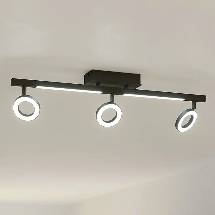 Eglo Cardillio 2 LED-Deckenstrahler - 16,2 W, L x B x H: 38,5 x 8,5 x 17,5 cm, Schwarz, Warmweiß, 5 Stk. - Deckenleuchte mit drei LED-Ringen und linearen Leuchtenelementen, modernes Design für Innenräume und stilvolle Beleuchtungslösung.
