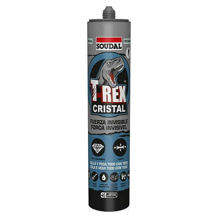 Soudal Pegamento adhesivo T-Rex Cristal - 290 ml, Transparente - Imagen de un tubo de adhesivo y sellador T-Rex Cristal, que ofrece una fuerza invisible para diversas aplicaciones.