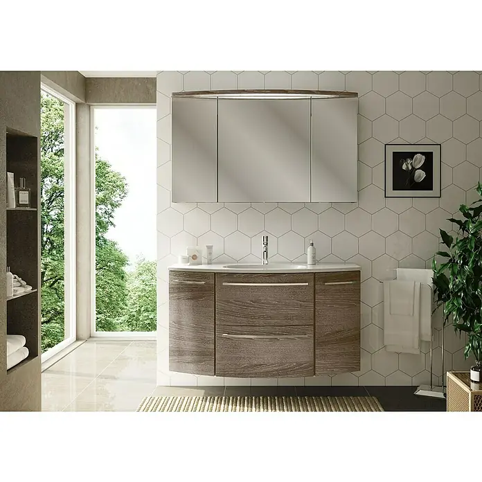 Camargue Swing LED-SpiegelschrankB x H: 120 x 70,5 cm, Mit Beleuchtung, Eiche Maron - Das Badezimmer-Waschbecken mit Holzstruktur und dreiteiligem Spiegelschrank sorgt für Stil und Funktionalität in jedem modernen Bad.