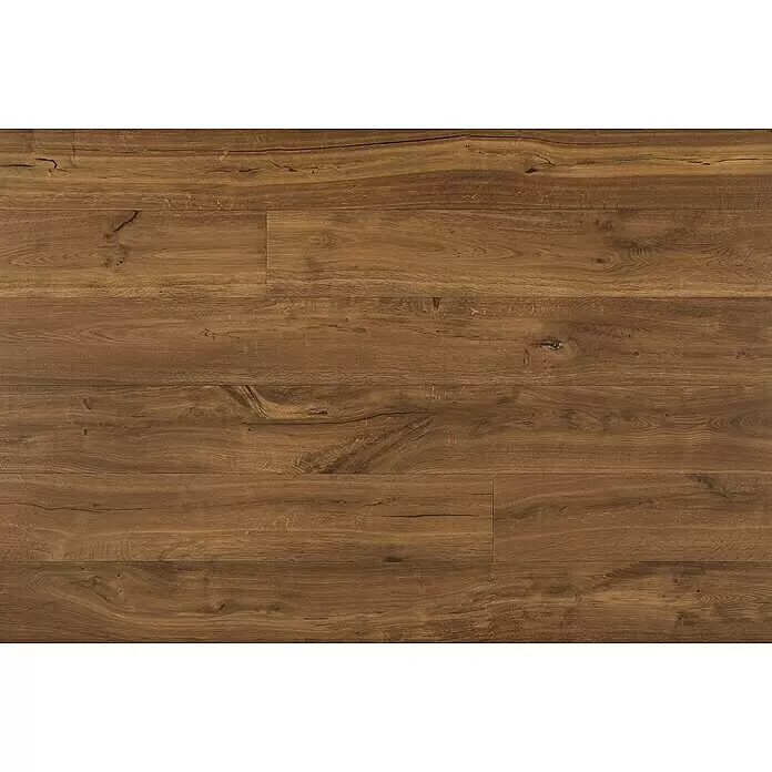Parkett - Eiche Lorenz, Landhausdiele, 2.200 x 240 x 15 mm - Mittelbrauner rustikaler Holzfußboden mit sichtbarer Maserung und Ästen.