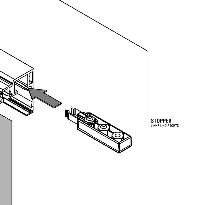 Diamond Doors Zubehör-Set Linea 40 Premium - 230 x 90 x 37 mm, Passend für: Diamond Doors Glasschiebetür-Beschlag Linea 40 Premium - Darstellung eines Stoppers "Links und Rechts" mit Rollen, der in eine Schiene eingeführt wird, um Bewegungen zu begrenzen.