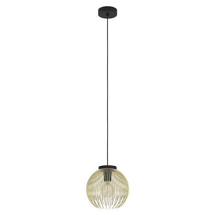 Eglo Venezuela Pendelleuchte rund - 40 W, Ø x H: 23,5 x 110 cm, Schwarz/Gold, E27 - Eine moderne Hängeleuchte mit einem goldfarbenen, kugelförmigen Lampenschirm und einem schwarzen Aufhänger.