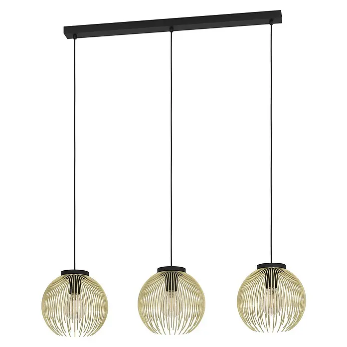 Eglo Venezuela Pendelleuchte - 120 W, L x B x H: 93,5 x 23,5 x 110 cm, Schwarz/Gold, E27, Anzahl Leuchtmittel: 3 Stk. - Eine moderne Pendelleuchte mit drei goldenen Kugelschirmen, die von einer schwarzen Halterung hängen. Das Licht erzeugt eine warme Atmosphäre.