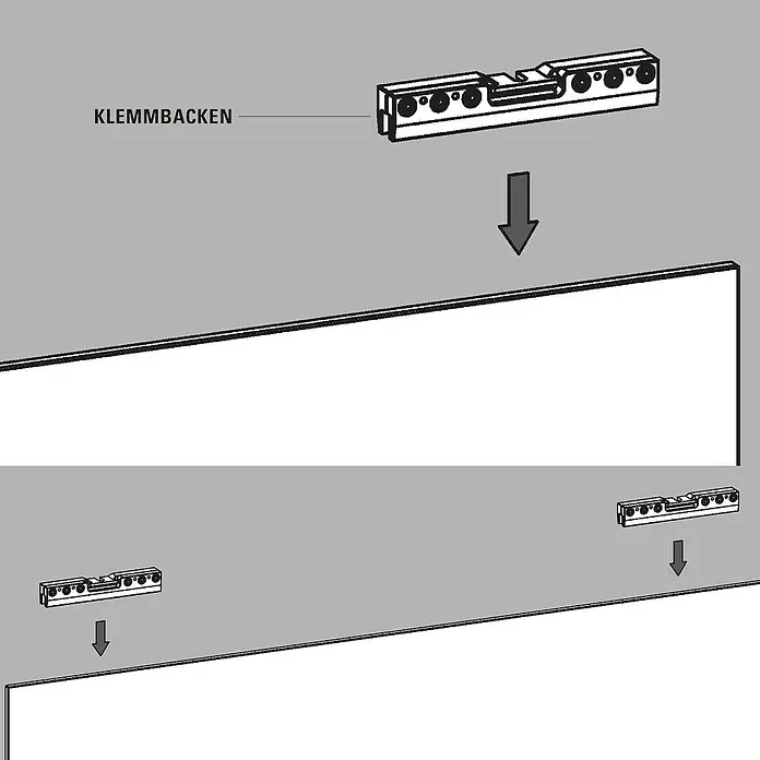 Diamond Doors Zubehör-Set Linea 40 - 230 x 90 x 37 mm, Passend für: Diamond Doors Glasschiebetür-Beschlag Linea 40 - Montageanleitung: Die Klemme wird an der Wand befestigt. Diese Klemme ermöglicht eine sichere und einfache Befestigung.