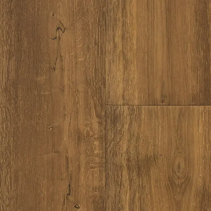 Parkett - Eiche Lorenz, Landhausdiele, 2.200 x 240 x 15 mm - Nahaufnahme eines Paneels aus rustikalem, braunem Holzlaminat mit Maserung und Knoten für Bodenbeläge.