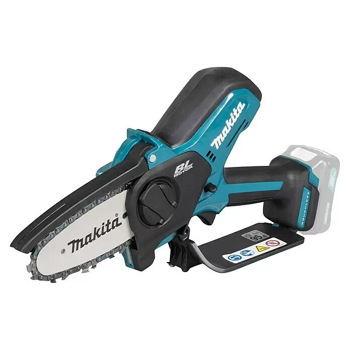Makita CXT 12V max. Akku-Astsäge UC100DZ - Li-Ionen, Ohne Akku, Schwertlänge: 12 cm - Makita 12V max akkubetriebene bürstenlose Mini-Kettensäge in Türkis und Schwarz, mit silberner Kette und Akkupack.