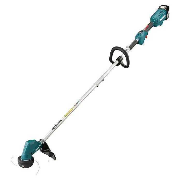Makita LXT 18V Akku-Rasentrimmer DUR192LRT1 - 18 V, 5 Ah, Li-Ionen, 1 Akku, Schnittbreite Faden: 30 cm - Makita Akku-Rasentrimmer in Blaugrün und Schwarz mit silbernem Schaft und Bügelgriff.