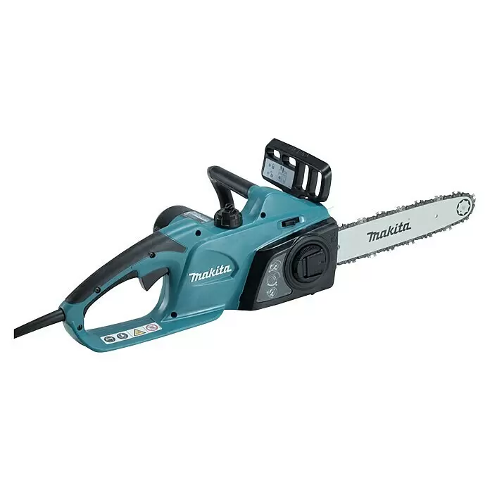 Makita Elektro-Kettensäge UC3041A - 1.800 W, Schwertlänge: 30 cm - Türkise und schwarze Elektro-Kettensäge mit silbernem Führungsschwert und Kette, mit Makita-Logo.