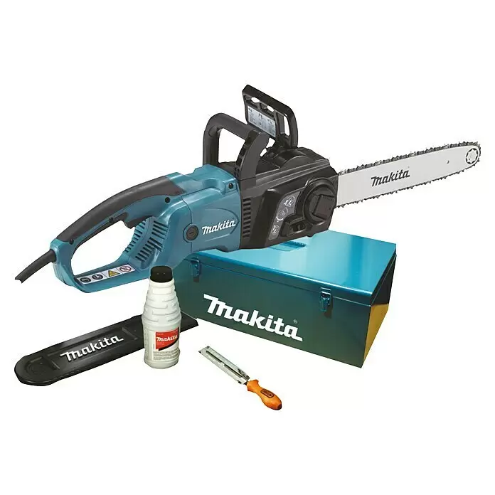 Makita Elektro-Kettensäge UC3551AK - 2.000 W, Schwertlänge: 35 cm - Makita blau-schwarze Elektrokettensäge mit passendem Werkzeugkasten, Schwertschutz, Öl und Schärffeile.