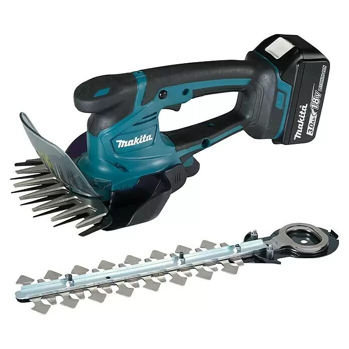 Makita LXT 18V Akku-Gras- & Strauchschere DUM604RFX1 - 18 V, Li-Ionen, 1 Akku - Makita kabellose Heckenschere in Türkis und Schwarz mit abnehmbarem silbernem Messer, unten abgebildet.