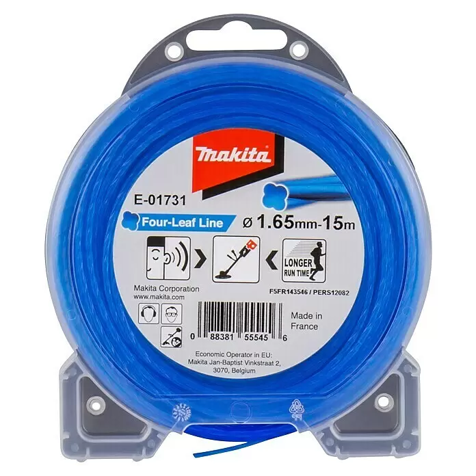 Makita Ersatzfaden FOUR LEAF E-01731 - Fadenlänge: 15 m, Fadenstärke: 1,65 mm - Makita E-01731 blaue Vierblatt-Trimmerfaden-Spule, 1,65mm Durchmesser, 15m Länge.