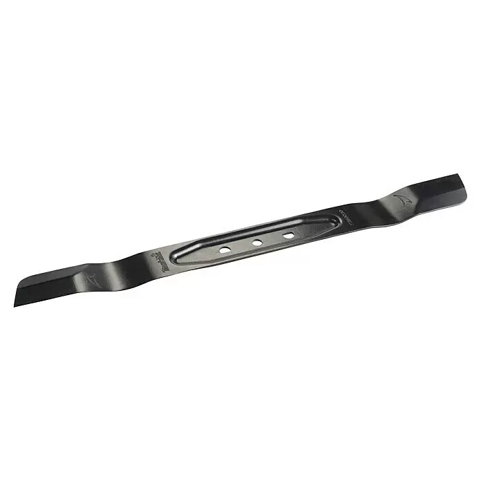Makita Mulchmesser für Rasenmäher 191Y65-4 - Akku-Rasenmäher AM3653, AM3753, DLM530, DLM532, DLM533, DLM534, DLM536, DLM537, DLM538, DLM539, LM001C - Dunkelgraues Metall-Rasenmähermesser mit drei Befestigungslöchern und gekrümmten Enden.