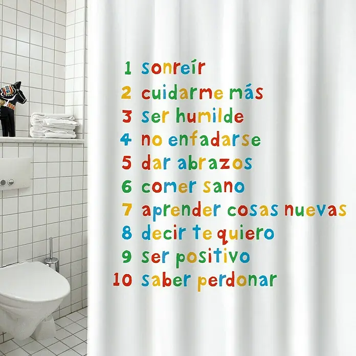 Venus Cortina de baño Propósitos - An x Al: 180 x 200 cm, Plástico, Blanco - Un baño con una cortina de ducha estampada con frases en español que promueven una visión positiva de la vida.