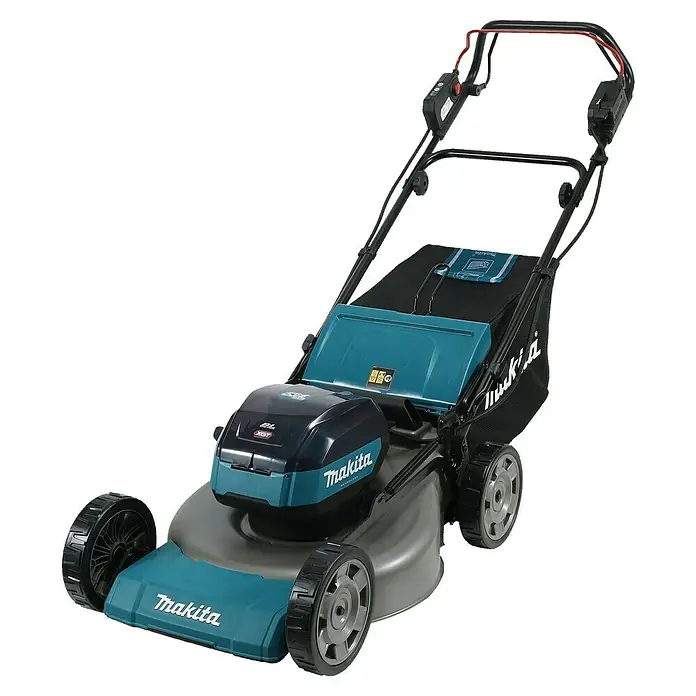 Makita XGT 40V max. Akku-Rasenmäher LM002GZ - 40 V, Ohne Akku, Schnittbreite: 53 cm - Abbildung eines Makita Akku-Rasenmähers. Der Rasenmäher ist in den Farben Türkis, Schwarz und Grau gehalten.