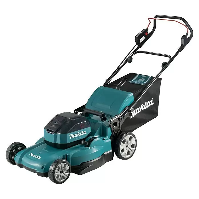 Makita Akku-Rasenmäher LM002JM101 - 64 V, 1 Akku, 4 Ah, Schnittbreite: 53 cm - Makita Akku-Rasenmäher in Türkis und Schwarz mit Fangkorb, schräg von vorne.