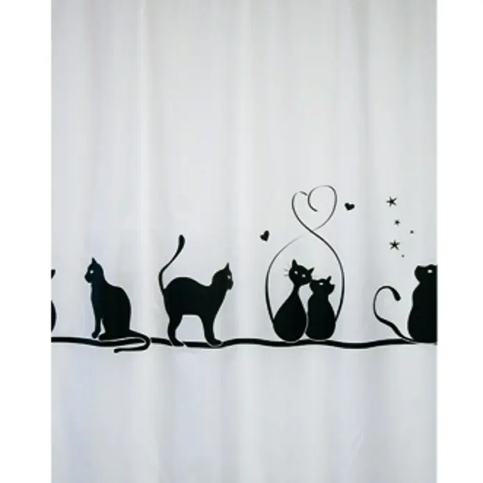 Venus Cortina de baño Cat - An x Al: 180 x 200 cm, Plástico, Negro/blanco - Cortina de ducha con siluetas de gatos. Una cortina de ducha elegante con un diseño de gatos divertido, ideal para amantes de los gatos.