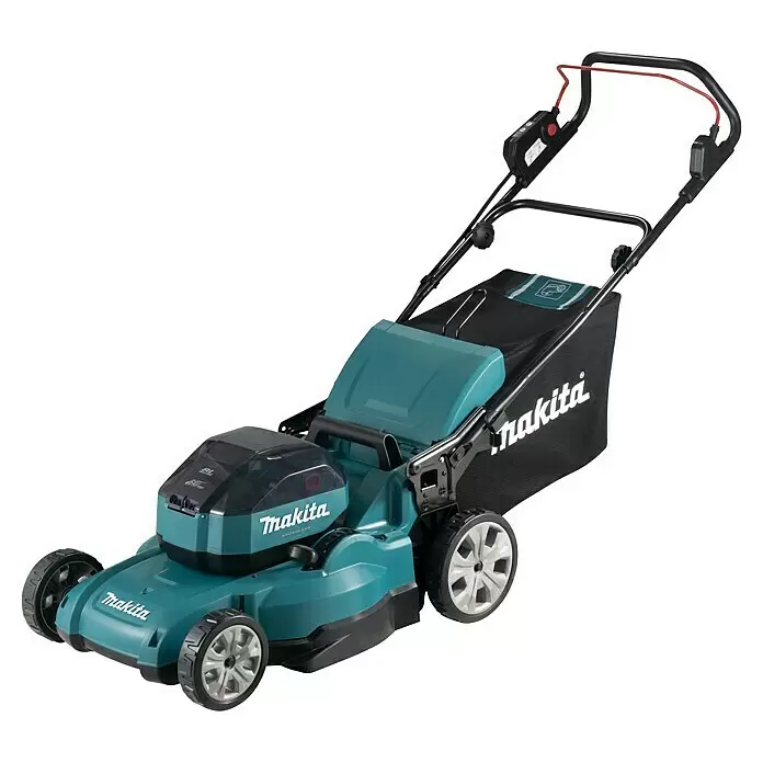 Makita Akku-Rasenmäher LM001JM101 - 64 V, 1 Akku, 4 Ah, Schnittbreite: 48 cm - Makita akkubetriebener Rasenmäher in Türkis und Schwarz mit Grasfangkorb.