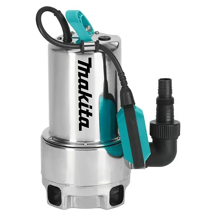 Makita Tauchpumpe PF0610 - 550 kW, Max. Fördermenge: 10.800 l/h - Makita Tauchpumpe aus Edelstahl mit türkisfarbenem Griff, schwarzem Kabel und Schlauchadapter.