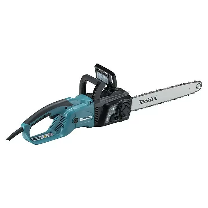 Makita Elektro-Kettensäge UC4551A - 2.000 W, Schwertlänge: 45 cm - Türkis-schwarze Makita Elektro-Kettensäge mit silbernem Schwert und Kette.
