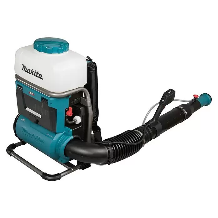 Makita XGT 40V max. Akku-Sprühgerät PM001GZ01 - 40 V, Ohne Akku, 15 l - Makita teal-schwarzes Rucksack-Nebelgebläse mit weißem Tank und flexiblem Schlauch.