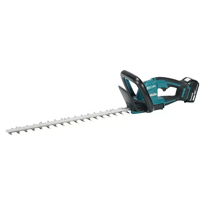 Makita LXT 18V Akku-Heckenschere DUH506RF - 18 V, Li-Ionen, 1 Akku, Schnittlänge: 500 cm - Makita 18V Akku-Heckenschere mit türkisfarbenem und schwarzem Gehäuse und langer silberner Klinge.