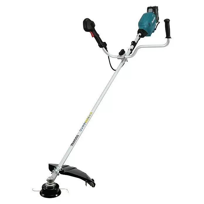 Makita XGT 40V max. Akku-Freischneider DUR013GT204 - 40 V, 5 Ah, 2 Akkus - Makita Akku-Motorsense mit türkisfarbenem und schwarzem Motor, grauem Schaft, schwarzen Griffen und einem schwarzen Schneidkopf.