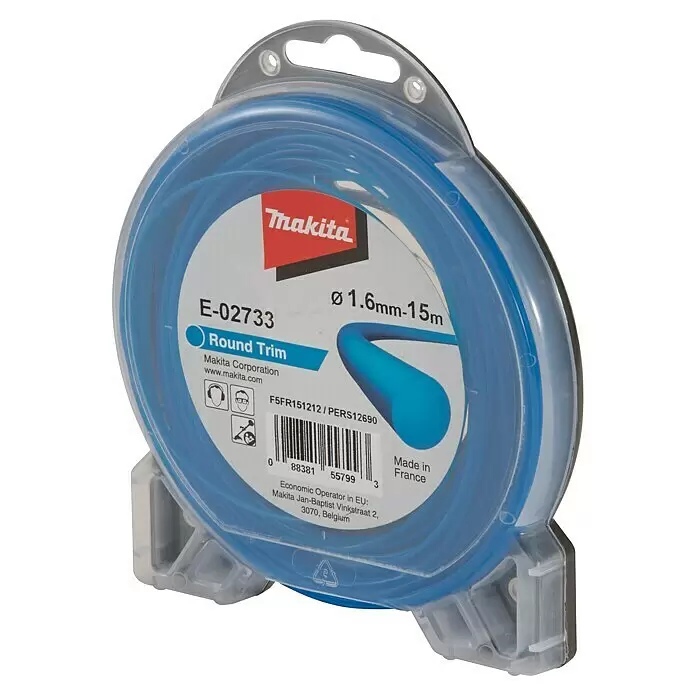 Makita Ersatzfaden E-02733 - Fadenlänge: 15 m, Fadenstärke: 1,6 mm - Blauer Makita 1,6mm x 15m runder Trimmerfaden auf einer Spule in transparenter Kunststoffverpackung.
