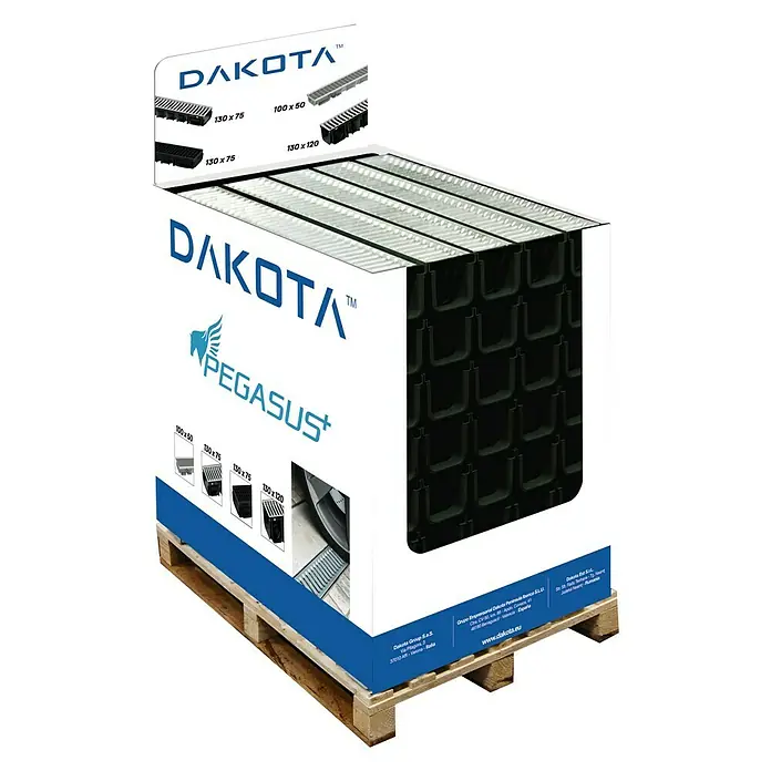 Dakota Canal de drenaje con rejilla galvanizada - 100 x 13 x 12 cm - Gama de productos Dakota Pegasus+: Soluciones de drenaje versátiles para cada necesidad, presentadas en un palet.