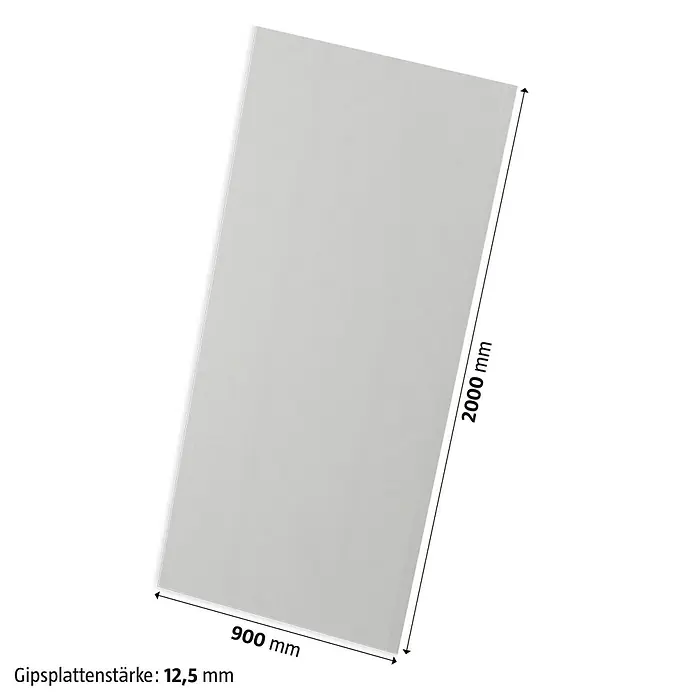 Probau Gipskartonplatte Easy - 2.000 x 900 x 12,5 mm - Bild einer Gipskartonplatte mit den Maßen 900 mm x 2000 mm und einer Stärke von 12,5 mm.