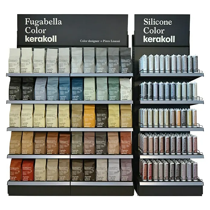 Kerakoll Mortero para juntas - cemento Fugabella - Color: KK69, 3 kg - Selladores de color Fugabella y Silicone Color de Kerakoll expuestos en estanterías, mostrando una amplia gama de tonalidades para proyectos de construcción.
