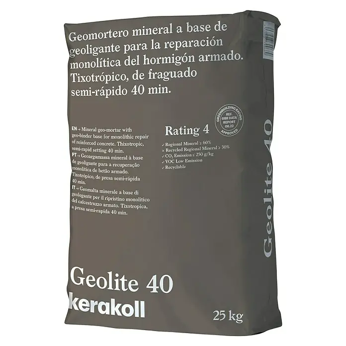 Kerakoll Mortero de reparación rápida Geolite 40 - Espesor: 2 mm - 40 mm, Gris, 25 kg - Saco de Geolite 40 de Kerakoll. Geomortero mineral para la reparación monolítica de hormigón armado con fraguado rápido.