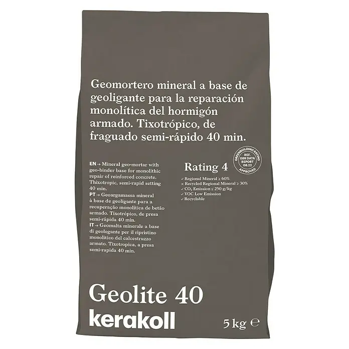Kerakoll Mortero de reparación rápida Geolite 40 - Gris, 5 kg - Imagen de un saco de 5 kg de Geolite 40 Kerakoll, un geomortero mineral para la reparación monolítica de hormigón armado.