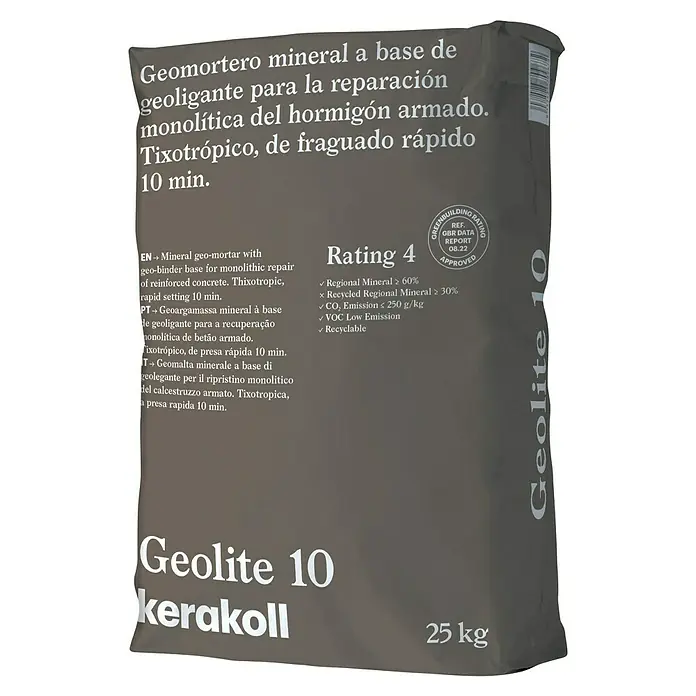 Kerakoll Mortero de reparación rápida Geolite 10 - Espesor: 2 mm - 40 mm, 25 kg - Imagen de un saco de Geolite 10 de Kerakoll, un geomortero mineral para la reparación monolítica de hormigón armado.