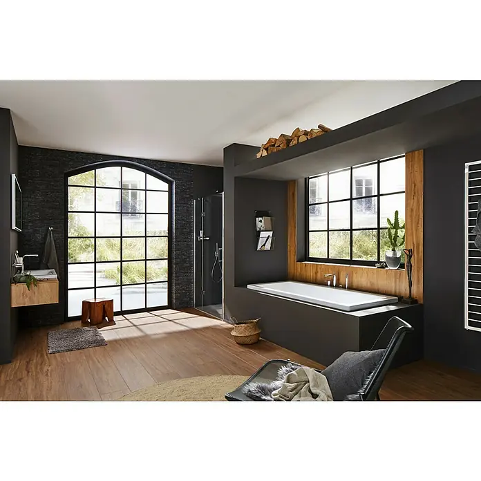 Kaldewei Badewanne Conoduo - 200 x 100 cm, Stahl-Email, Weiß - Elegantes Badezimmer mit freistehender Badewanne, stilvollem Waschtisch und großem Fenster für viel Tageslicht.