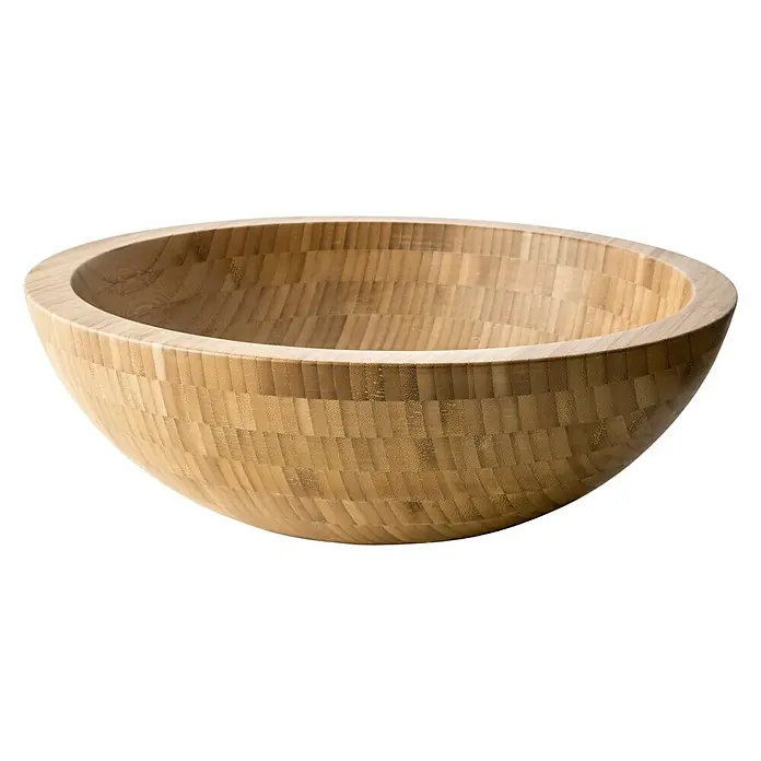 Cipì Lavabo redondo La Ciotola - Diámetro: 40,5 cm, Sin desbordamiento, Teca - Bonita ensaladera de madera con un patrón de mosaico marrón claro. El bol está vacío y tiene una textura lisa.