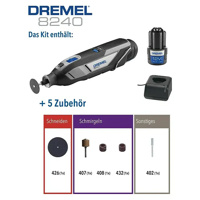 Dremel Akku-Multifunktionswerkzeug 8240-5 - 12 V, 1 Akku, 2 Ah, Inkl. 5 Zubehören - Dremel 8240 Akku-Multifunktionswerkzeug-Set mit Akku, Ladegerät, Trennscheibe, Schleifbändern und Dorn.