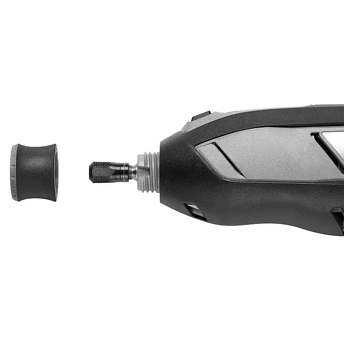 Dremel Akku-Multifunktionswerkzeug 8240-3/45 - 12 V, 1 Akku, 2 Ah, Inkl. 3 Aufsätzen und 45 Zubehören - Detailaufnahme eines Schleifwerkzeugs mit abgenommener Kappe, ideal für präzise Arbeiten und vielseitige Anwendungen.