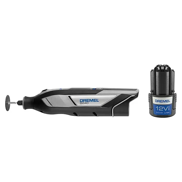 Dremel Akku-Multifunktionswerkzeug 8240-3/45 - 12 V, 1 Akku, 2 Ah, Inkl. 3 Aufsätzen und 45 Zubehören - Dremel 8240 Akku-Rotationswerkzeug mit Aufsatz und separatem 12V Akku, ideal für Schleif-, Polier- und Trennarbeiten.