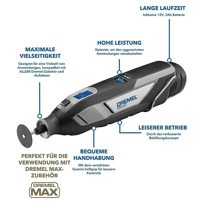 Dremel Akku-Multifunktionswerkzeug 8240-3/45 - 12 V, 1 Akku, 2 Ah, Inkl. 3 Aufsätzen und 45 Zubehören - Detailliertes Bild eines Dremel 8240 Multifunktionswerkzeugs, das seine Vielseitigkeit und ergonomischen Designmerkmale hervorhebt.
