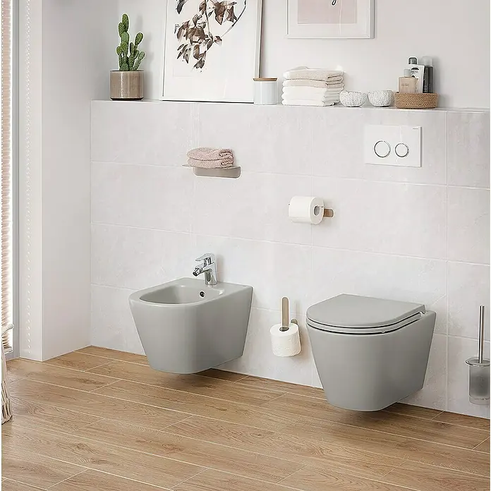 RAK Ceramics Feeling Wand-Bidet - 36 x 52 cm, Grau, Keramik, Ohne Spezialglasur - Modernes Badezimmer mit einer grauen, wandhängenden Toilette und einem Bidet, die ein elegantes und minimalistisches Design aufweisen.
