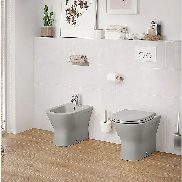 RAK Ceramics Feeling Stand-WC - Spülrandlos, Ohne Spezialglasur, Spülform: Tief, WC Abgang: Waagerecht, Grau - Elegantes Badezimmer mit grauer Toilette und Bidet auf Holzboden, akzentuiert durch stilvolle Wanddekorationen.