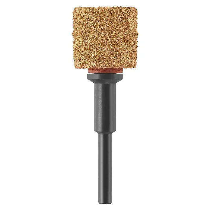 Dremel Schleifband / Lochbohrer 408DM (2-in-1) - Körnung: 60 - Ein detailreiches Bild eines zylindrischen Schleifsteins mit einem Schaft, ideal für Präzisionsarbeiten und Materialabtrag, in Nahaufnahme.