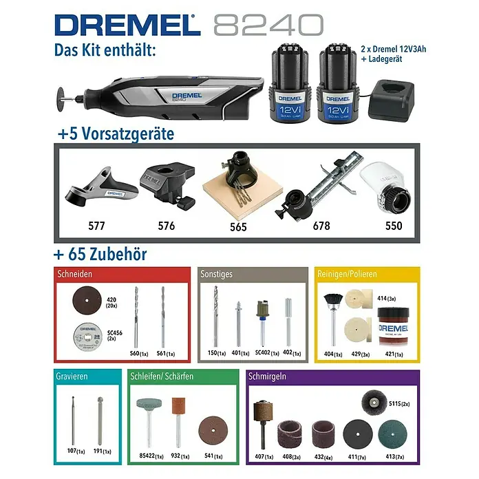 Dremel Akku-Multifunktionswerkzeug DREMEL® 8240 Platinum+ - 12 V, 1 Akku, 2 Ah, 65-tlg. Zubehör + 5 Vorsätze + Tragekoffer - Dremel 8240 Kit mit Werkzeug, zwei Akkus, Ladegerät und diversem Zubehör zum Schneiden, Gravieren, Schleifen, Polieren und Schmirgeln.