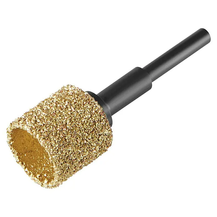 Dremel Schleifband / Lochbohrer 408DM (2-in-1) - Körnung: 60 - Ein zylindrischer Schleifkopfaufsatz mit grober, goldfarbener Oberfläche und einem schwarzen Schaft für Bohrmaschinen.