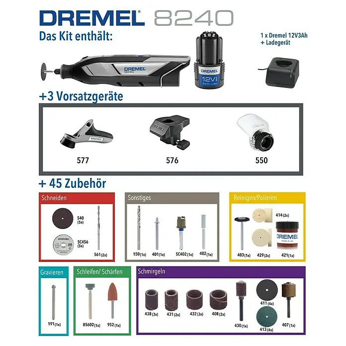 Dremel Akku-Multifunktionswerkzeug 8240-3/45 - 12 V, 1 Akku, 2 Ah, Inkl. 3 Aufsätzen und 45 Zubehören - Bild des Dremel 8240 Kits, das ein Dremel-Werkzeug, einen Akku, ein Ladegerät und 48 Zubehörteile zum Schneiden, Schleifen, Gravieren und Polieren enthält.