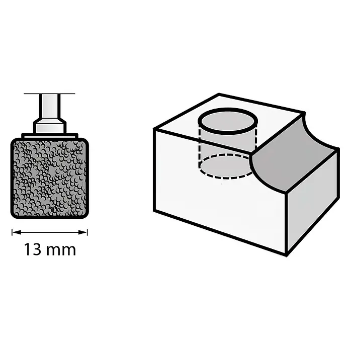 Dremel Schleifband / Lochbohrer 408DM (2-in-1) - Körnung: 60 - Das Bild zeigt einen Luftsprudler für Aquarien und einen Würfel mit zylindrischer Aussparung, die als detaillierte Darstellung dienen.
