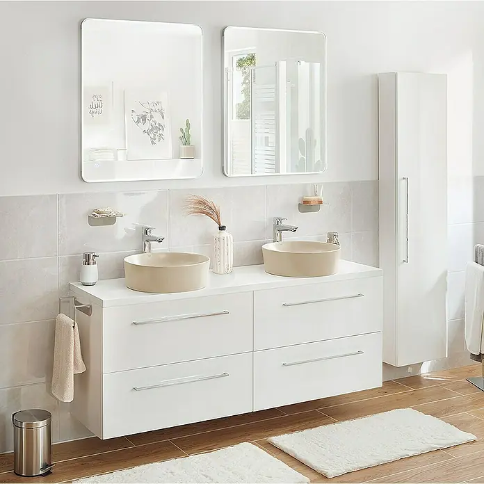Camargue Espacio Hochschrank40 x 17 x 170 cm, Farbe Griff: Chrom, Mira - Das Badezimmer-Set mit weißen Unterschränken, Aufsatzwaschbecken in Beige und passenden Spiegeln verleiht dem Raum eine moderne Optik.