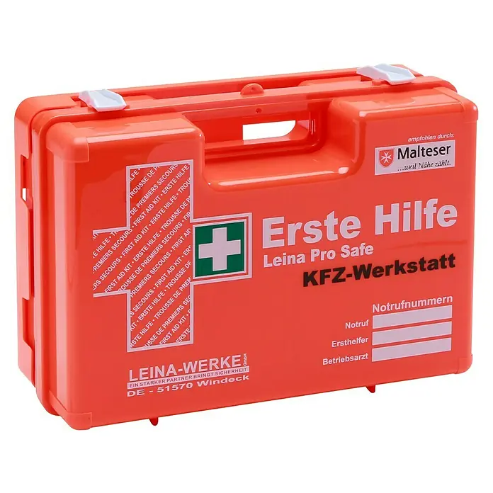 Leina-Werke Erste-Hilfe-Koffer Pro Safe KFZ-Werkstatt - DIN 13157, Kfz-Bereich, Orange - Orangefarbener Erste-Hilfe-Kasten "Leina Pro Safe KFZ-Werkstatt" mit weißem Kreuz und Notrufnummernfeld.
