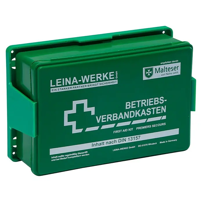 Leina-Werke Betriebsverbandkasten Klein - DIN 13157, Mit Wandhalterung, Grün - Grüner Erste-Hilfe-Kasten von LEINA-WERKE, ideal für Betriebe, nach DIN 13157.